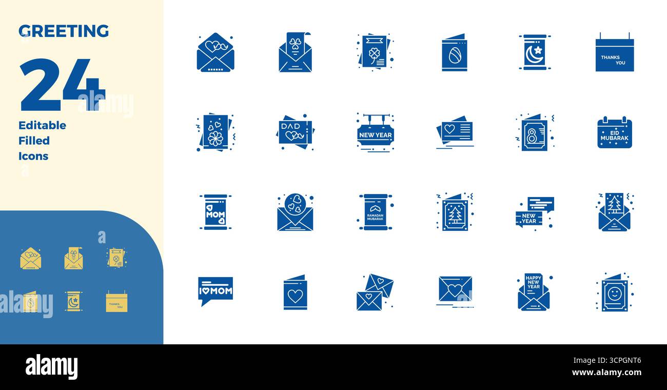 Raccolta di 24 icone vettoriali che rappresentano il messaggio di saluto in un'estetica riempita di glifo, ottimizzata con risoluzione perfetta DI 128x128 PIXEL per la massima im Illustrazione Vettoriale