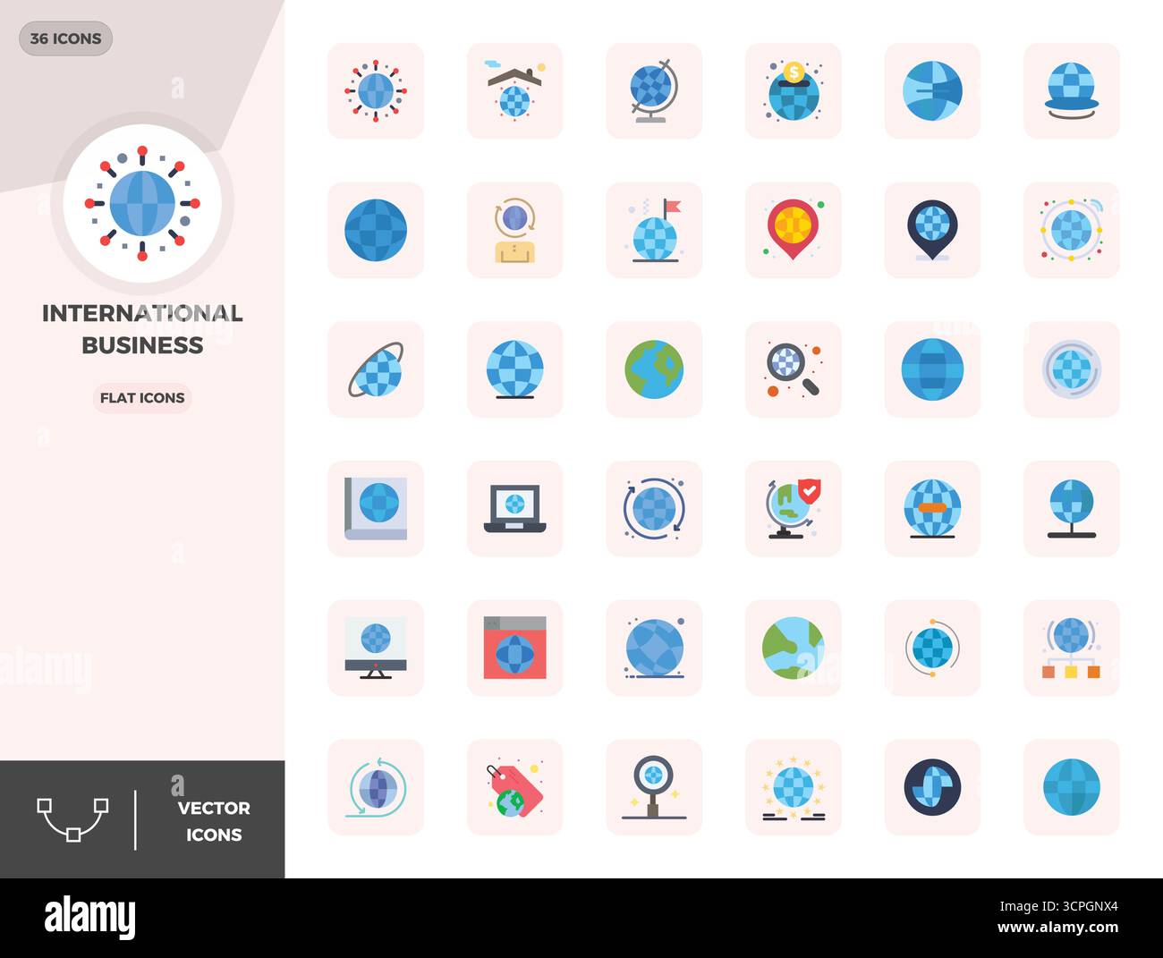 Una raccolta pulita di 36 icone vettoriali piatte che rappresentano International Business, progettate in formato 128x128 PIXEL perfetto per dashboard e interni moderni Illustrazione Vettoriale