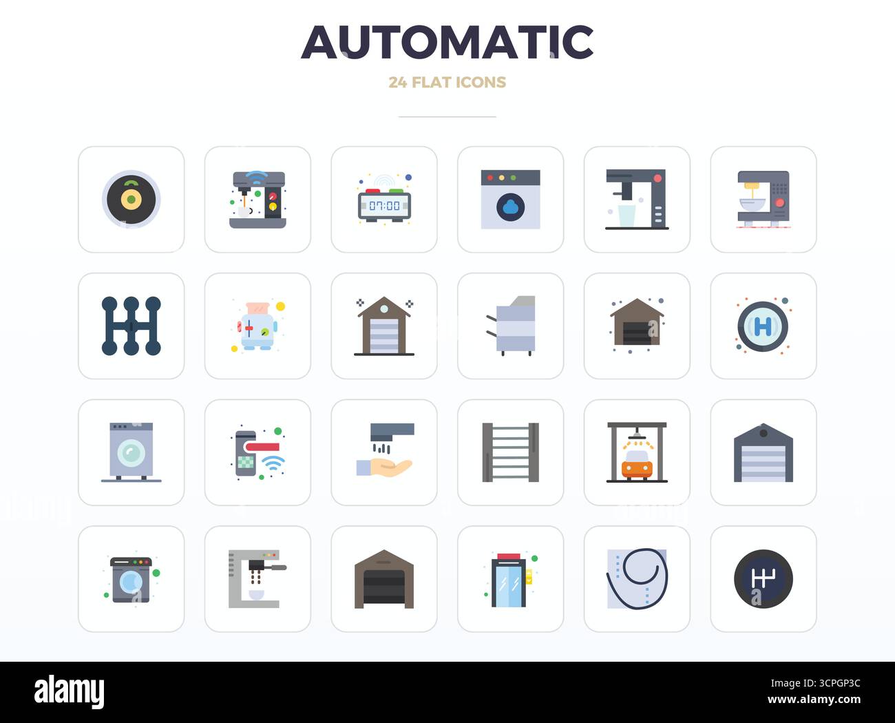 Questo pacchetto di icone vettoriali automatico include 24 design minimal Flat in formato da 128 x 128 PIXEL, perfetto per migliorare le interfacce digitali. Illustrazione Vettoriale