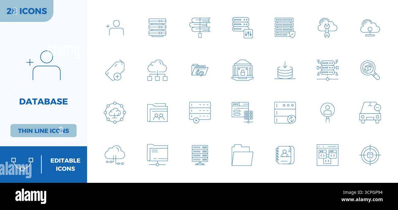 28 icone di vettore Minimal Line accuratamente curate per database, con risoluzione perfetta di 128 x 128 PIXEL per una rappresentazione coerente del marchio e dell'utente Illustrazione Vettoriale