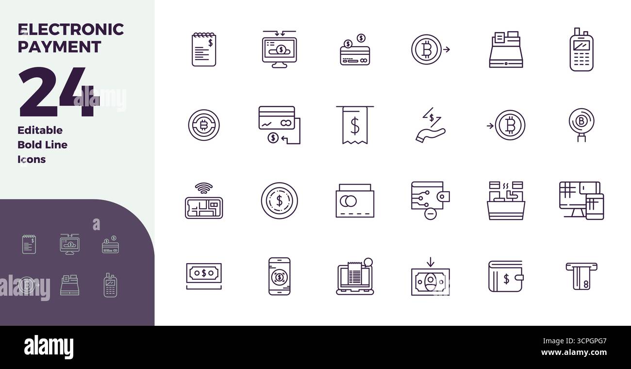 Sofisticato pacchetto di 24 icone vettoriali Bold Line per il pagamento elettronico, progettato con una nitidezza perfetta di 128x128 PIXEL per applicazioni professionali. Illustrazione Vettoriale
