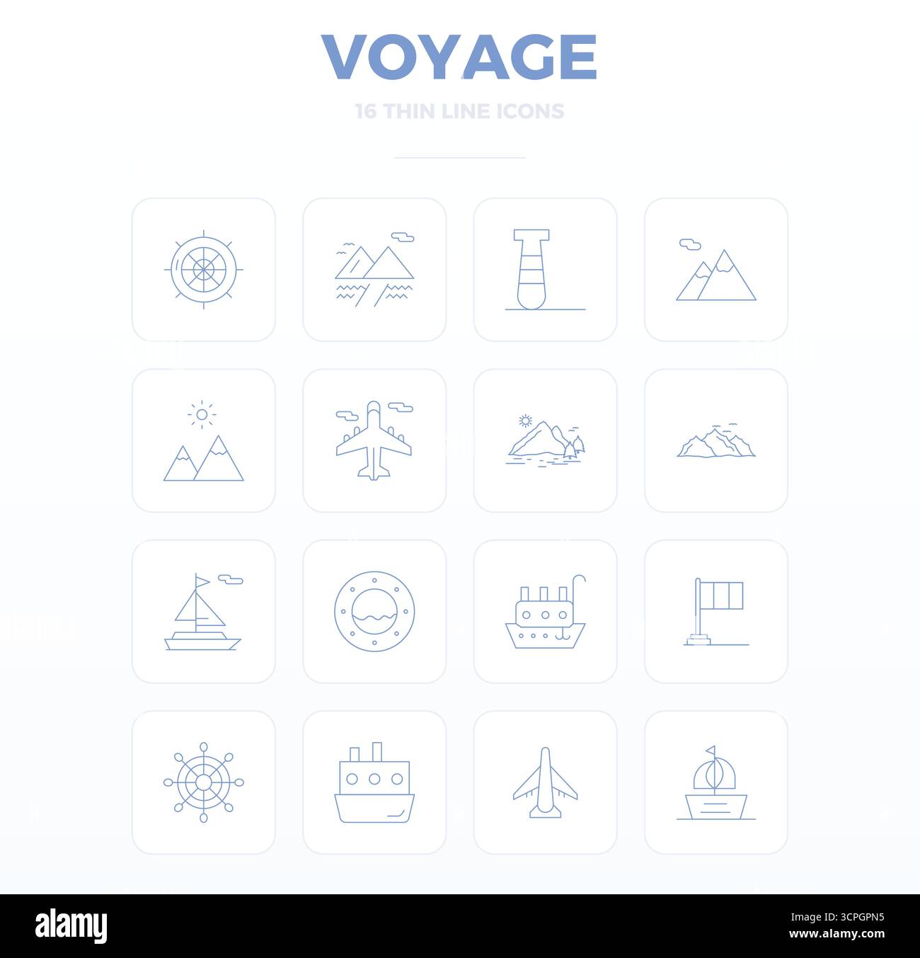 Pacchetto completo di 16 icone vettoriali a tema Voyage, con design sottile in 128 x 128 PIXEL, qualità perfetta per le interfacce moderne. Illustrazione Vettoriale