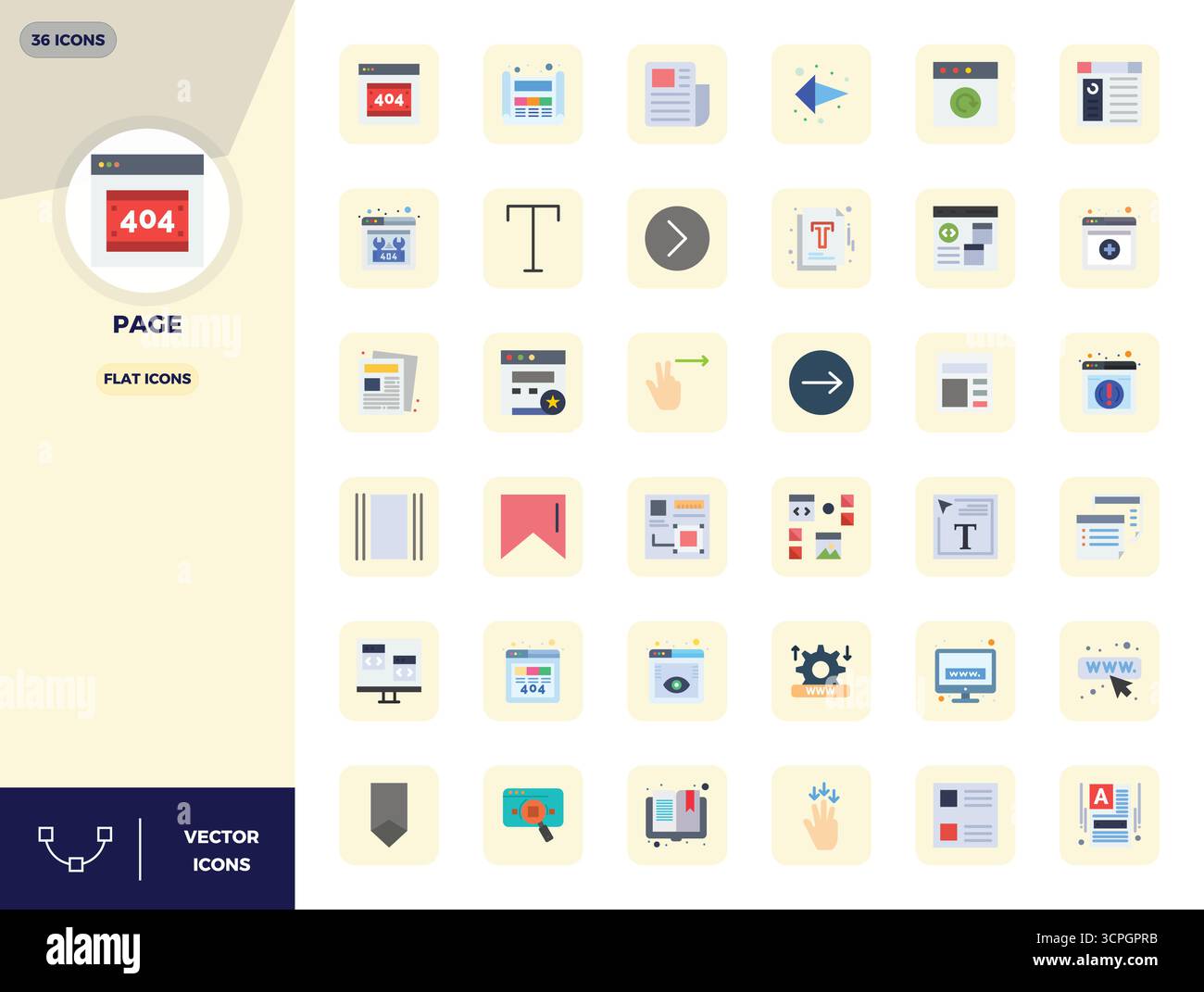 Eccezionale raccolta di 36 icone vettoriali piatte per pagina, disponibili in risoluzione perfetta da 128 x 128 PIXEL per un'eccellenza visiva e un'usabilità senza precedenti Illustrazione Vettoriale