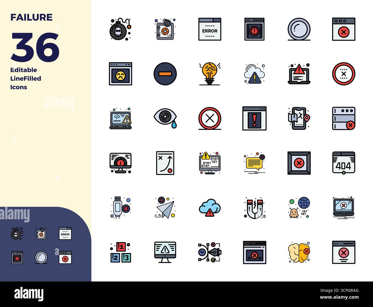 Bundle completo con 36 icone vettoriali nel design Duotone per guasti, con una qualità perfetta di 128 x 128 PIXEL. Illustrazione Vettoriale