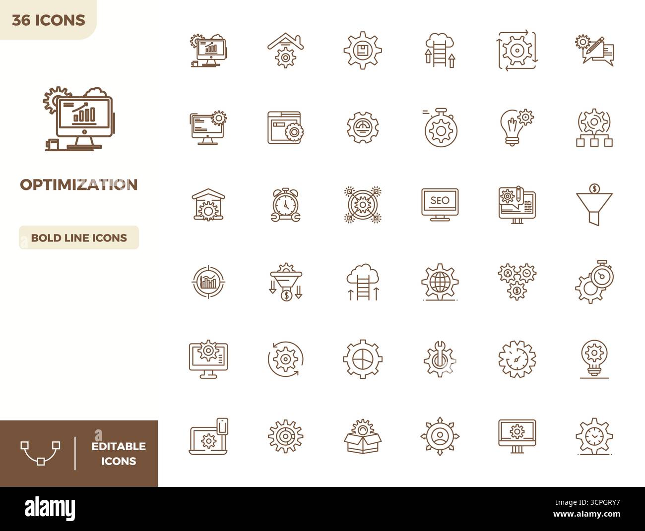 Raccolta di 36 icone vettoriali che rappresentano l'ottimizzazione nell'estetica Heavy Line, ottimizzata con 128x128 PIXEL risoluzione perfetta per il massimo Illustrazione Vettoriale