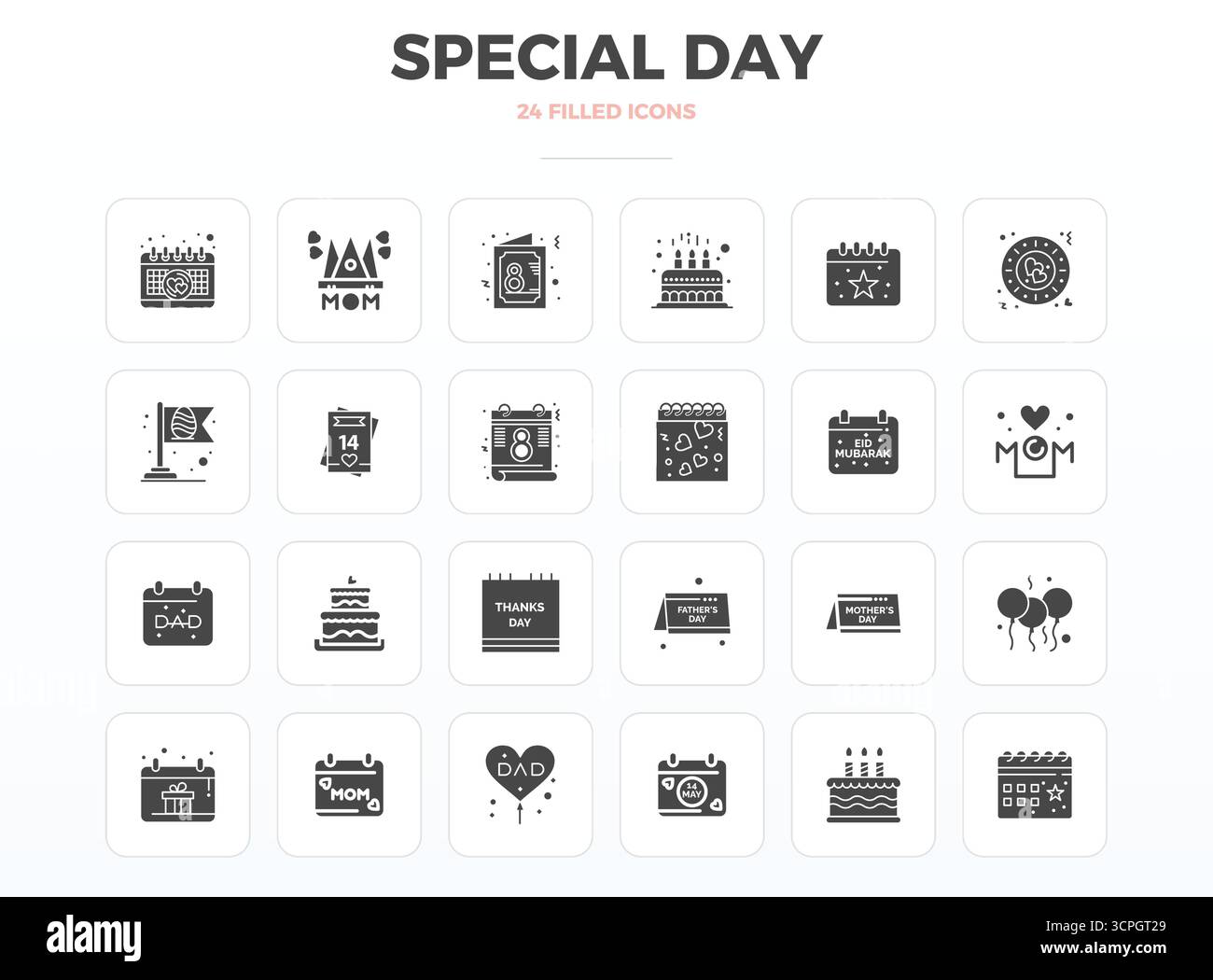 Set rivoluzionario di icone vettoriali perfette da 24 PIXEL ispirate a Special Day, create in formato SolidFill con risoluzione 128x128 per un design all'avanguardia. Illustrazione Vettoriale