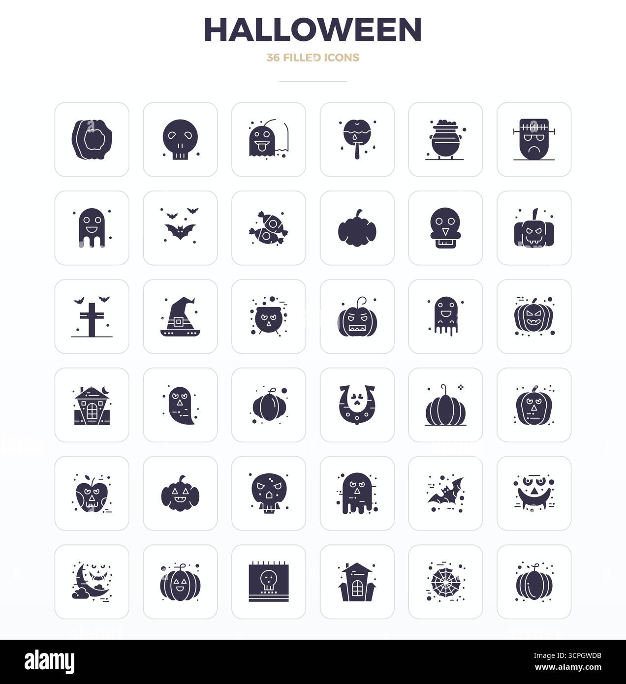 Sofisticato pacchetto di 36 icone vettoriali SolidFill per Halloween, progettato con una nitidezza perfetta di 128x128 PIXEL per applicazioni professionali. Illustrazione Vettoriale