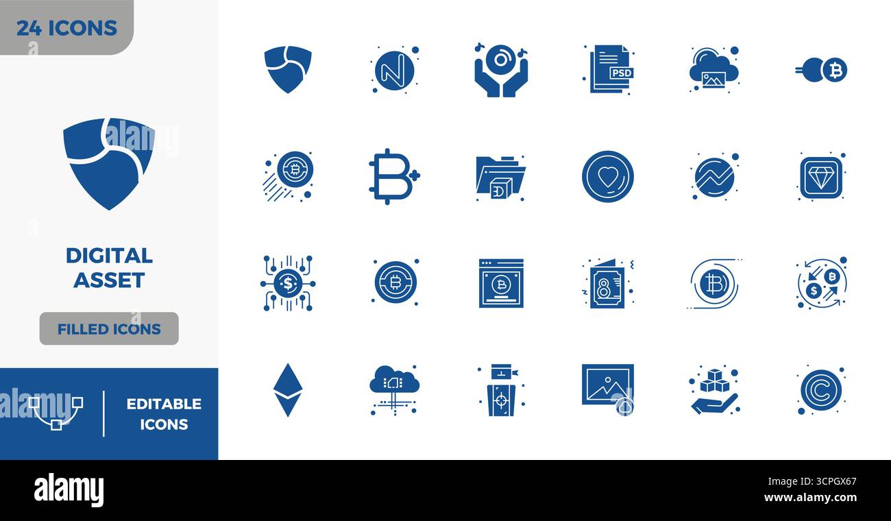 Scopri un set di 24 icone vettoriali piene create per il tema Digital Asset, con design perfetti da 128x128 PIXEL, ideali per i moderni progetti UI/UX. Illustrazione Vettoriale