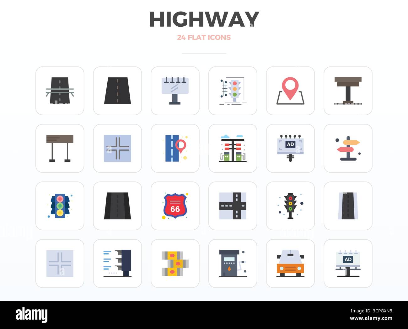 Questo pacchetto di icone vettoriali Highway include 24 design minimali piatti in formato da 128 x 128 PIXEL, perfetto per migliorare le interfacce digitali. Illustrazione Vettoriale
