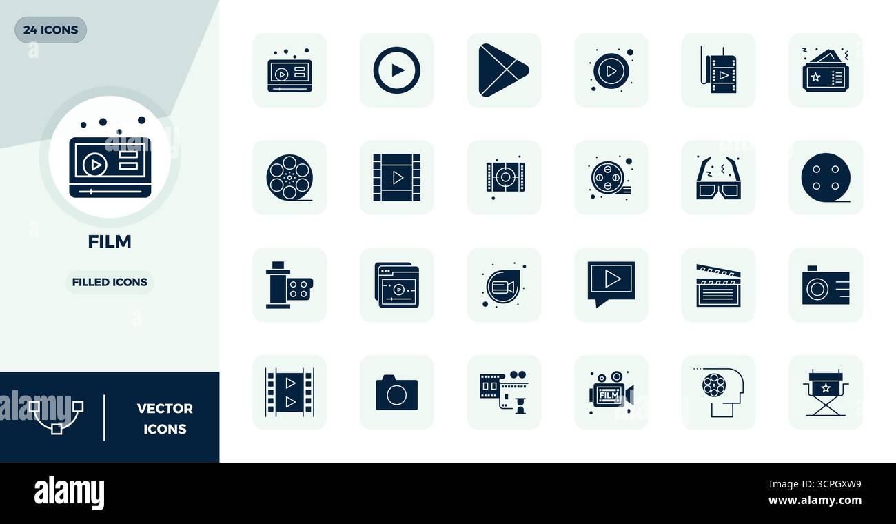 Scopri un set di 24 icone vettoriali piene create per il tema Film, con design perfetti da 128x128 PIXEL, ideali per i moderni progetti UI/UX. Illustrazione Vettoriale