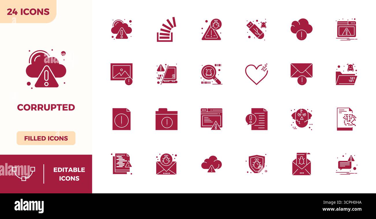 Icone vettoriali perfette da 24 PIXEL piene progettate ad arte per corrotti, fornite in formato 128x128 per un'eccellenza visiva costante. Illustrazione Vettoriale