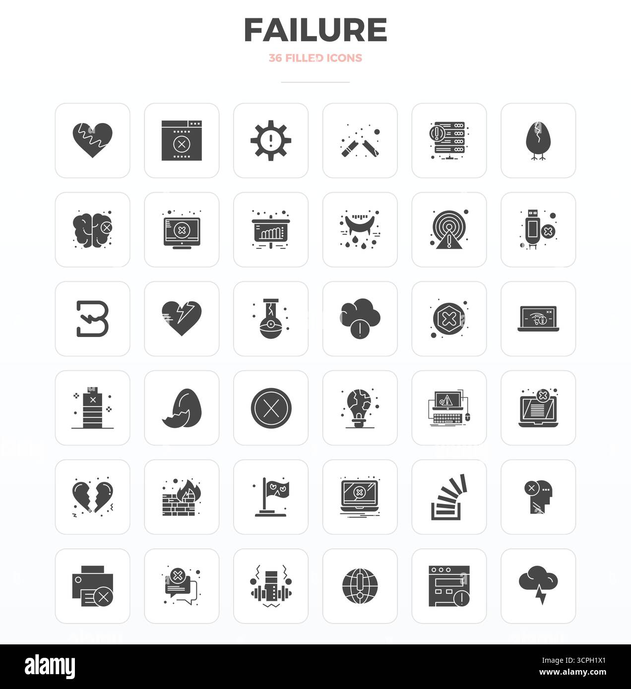 Raccolta definitiva di 36 icone vettoriali che rappresentano un errore nell'estetica SolidFill, ottimizzata con risoluzione perfetta di 128x128 PIXEL per il massimo impatto Illustrazione Vettoriale