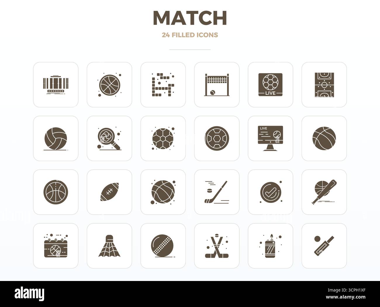 24 icone vettoriali create in modo magistrale che rappresentano la corrispondenza nel design SolidFill, con risoluzione perfetta di 128 x 128 PIXEL per una qualità visiva eccezionale. Illustrazione Vettoriale