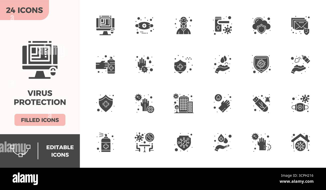 Una raccolta pulita di 24 icone vettoriali piene che rappresentano virus Protection, progettata in formato 128x128 PIXEL perfetto per i moderni dashboard e interfa Illustrazione Vettoriale