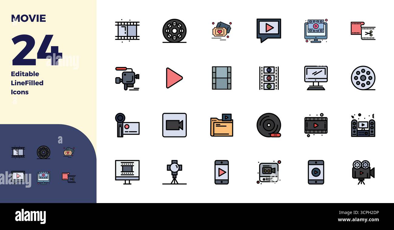 Collezione realizzata a mano con 24 icone vettoriali Duotone per film, ottimizzata con risoluzione perfetta da 128 x 128 PIXEL per esperienze digitali di qualità superiore. Illustrazione Vettoriale