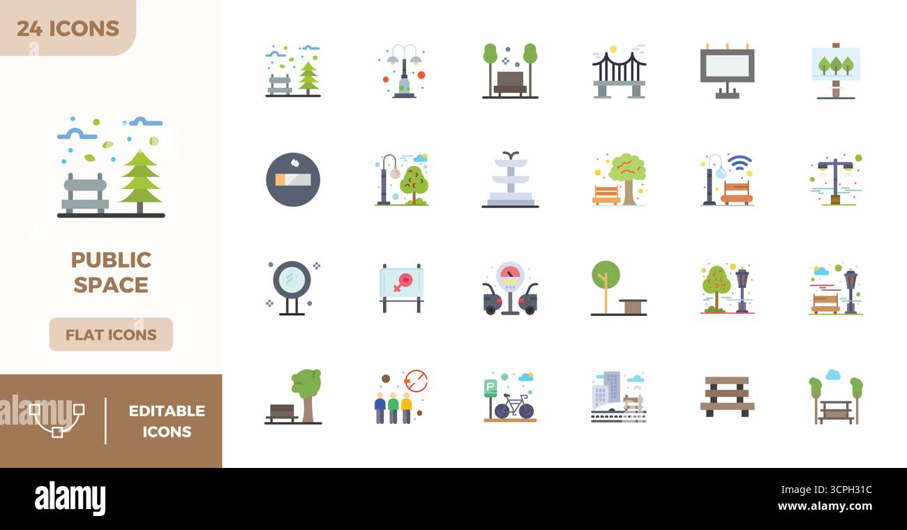 24 icone vettoriali Flat Color progettate con precisione per gli spazi pubblici, con risoluzione perfetta di 128x128 PIXEL per una chiarezza e una scalabilità eccezionali Illustrazione Vettoriale