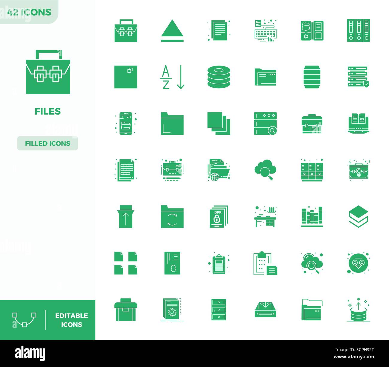 Pacchetto all'avanguardia con icone vettoriali perfette da 42 PIXEL ispirate ai file, creato in formato pieno a 128x128 per interfacce di nuova generazione. Illustrazione Vettoriale