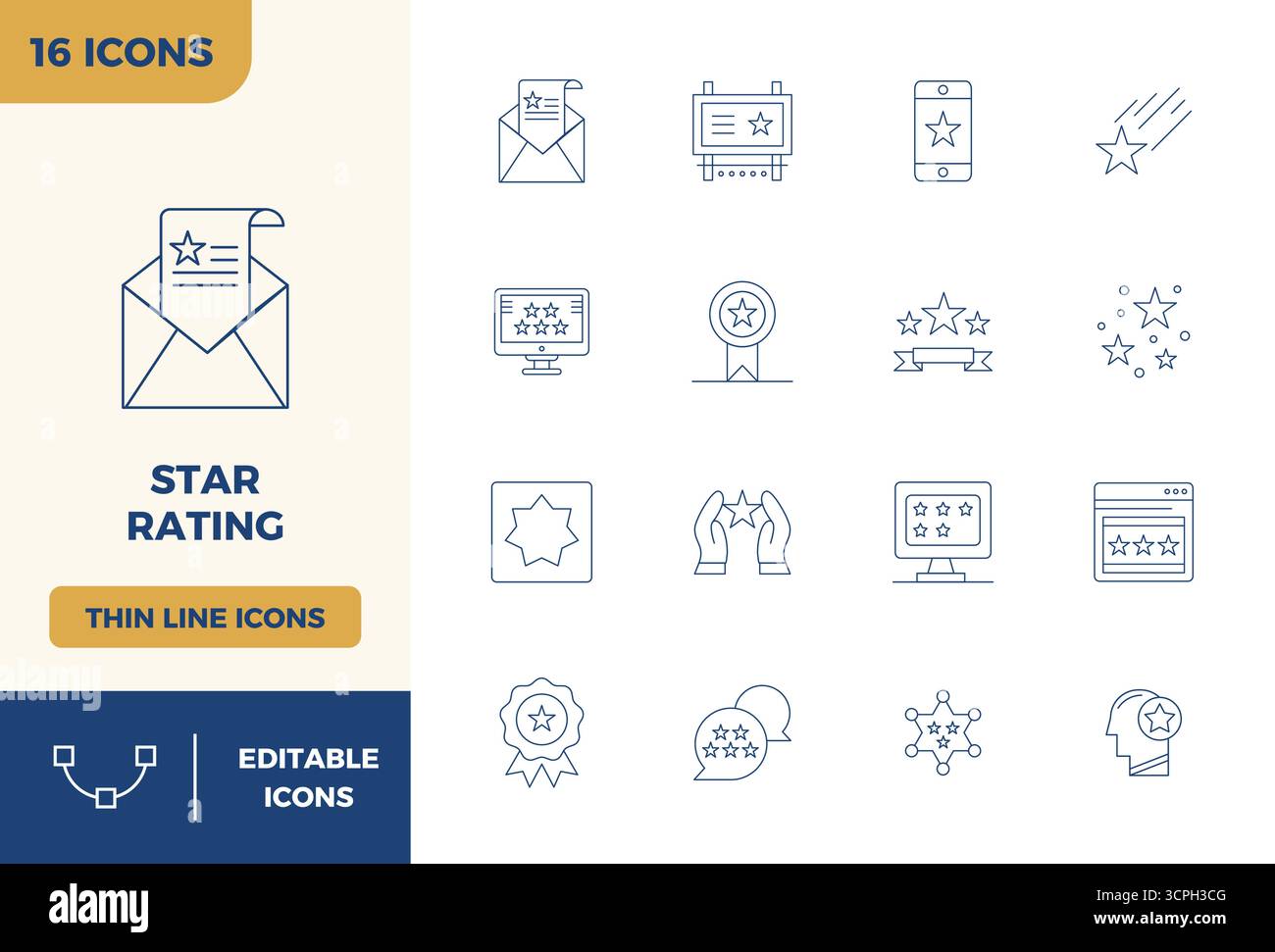 Una raccolta pulita di 16 icone vettoriali Minimal Line che rappresentano la valutazione a stelle, progettate in formato 128x128 PIXEL perfetto per dashboard e interf moderni Illustrazione Vettoriale
