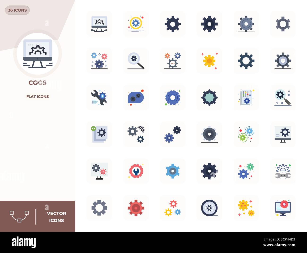 Sblocca 36 icone vettoriali Flat PIXEL Perfect ispirate a Cogs, ottimizzate in formato 128x128 per una visualizzazione impeccabile su tutti i dispositivi. Illustrazione Vettoriale