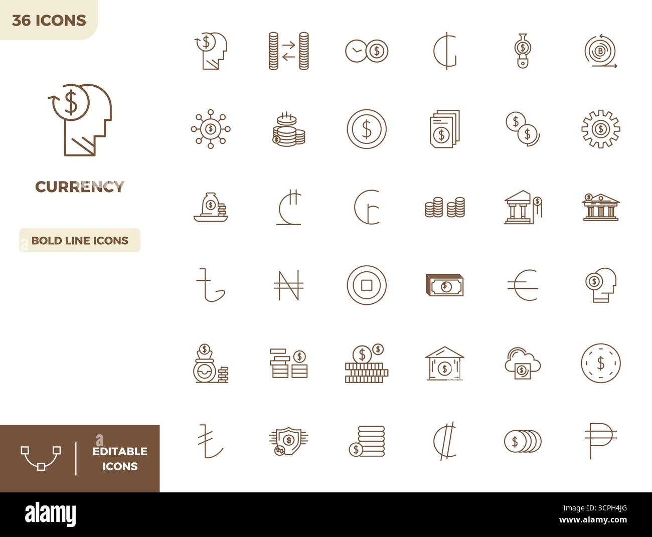 Pacchetto essenziale di icone vettoriali perfette da 36 PIXEL per Currency in formato Heavy Line, con dimensioni 128x128 per prestazioni e scalabilità ottimali. Illustrazione Vettoriale