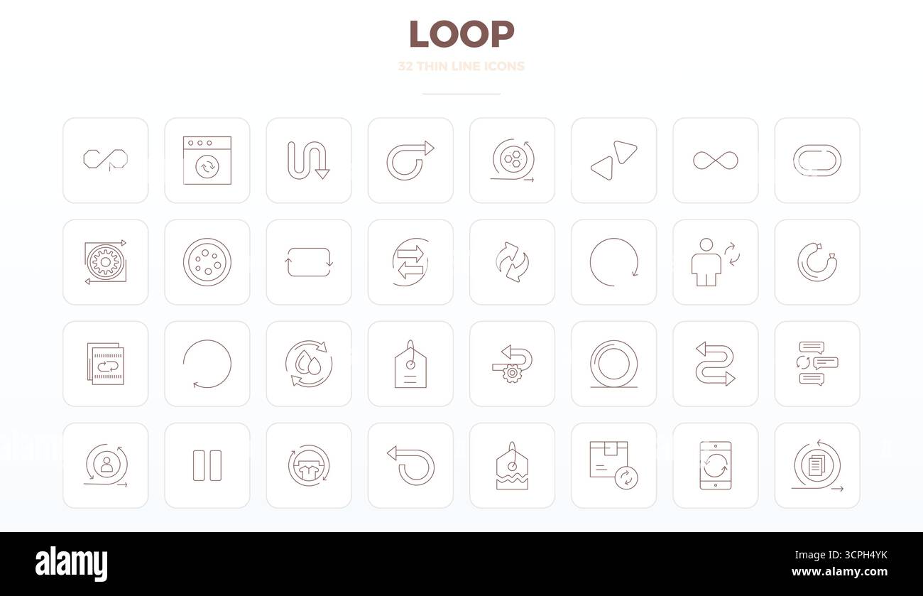 Questa collezione presenta 32 icone vettoriali Thin Outline PIXEL Perfect adattate al tema Loop, ottimizzate in formato 128x128 per il design digitale. Illustrazione Vettoriale