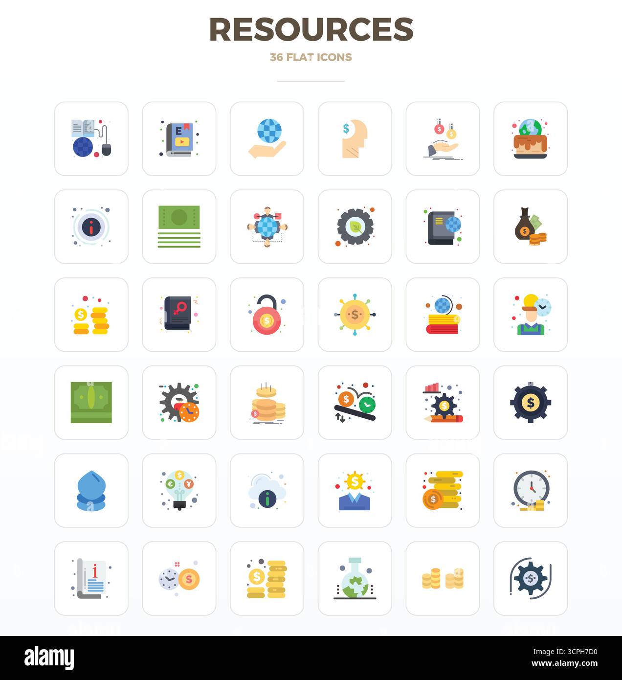 36 icone vettoriali minimali Flat ideate meticolosamente per le risorse, fornite in 128x128 PIXEL DI qualità perfetta per standard di progettazione senza compromessi. Illustrazione Vettoriale
