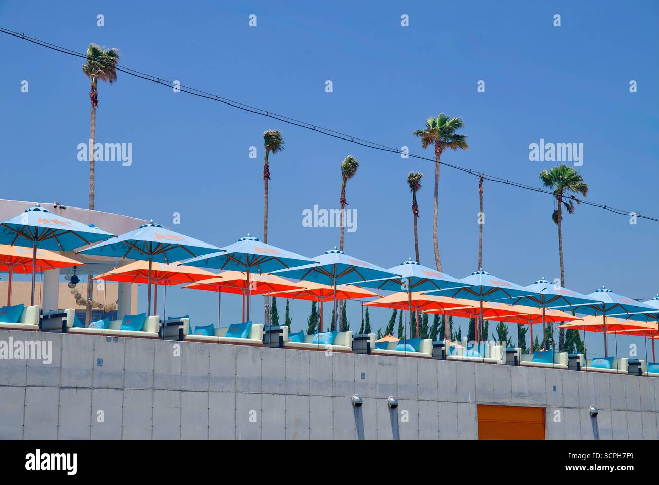 File di ombrelli turchesi e arancioni marchiati "koko" ombreggiano una terrazza sul tetto mentre alte palme oscillano sopra, creando una vivace scena turistica sulla vittoria di Jeju Foto Stock
