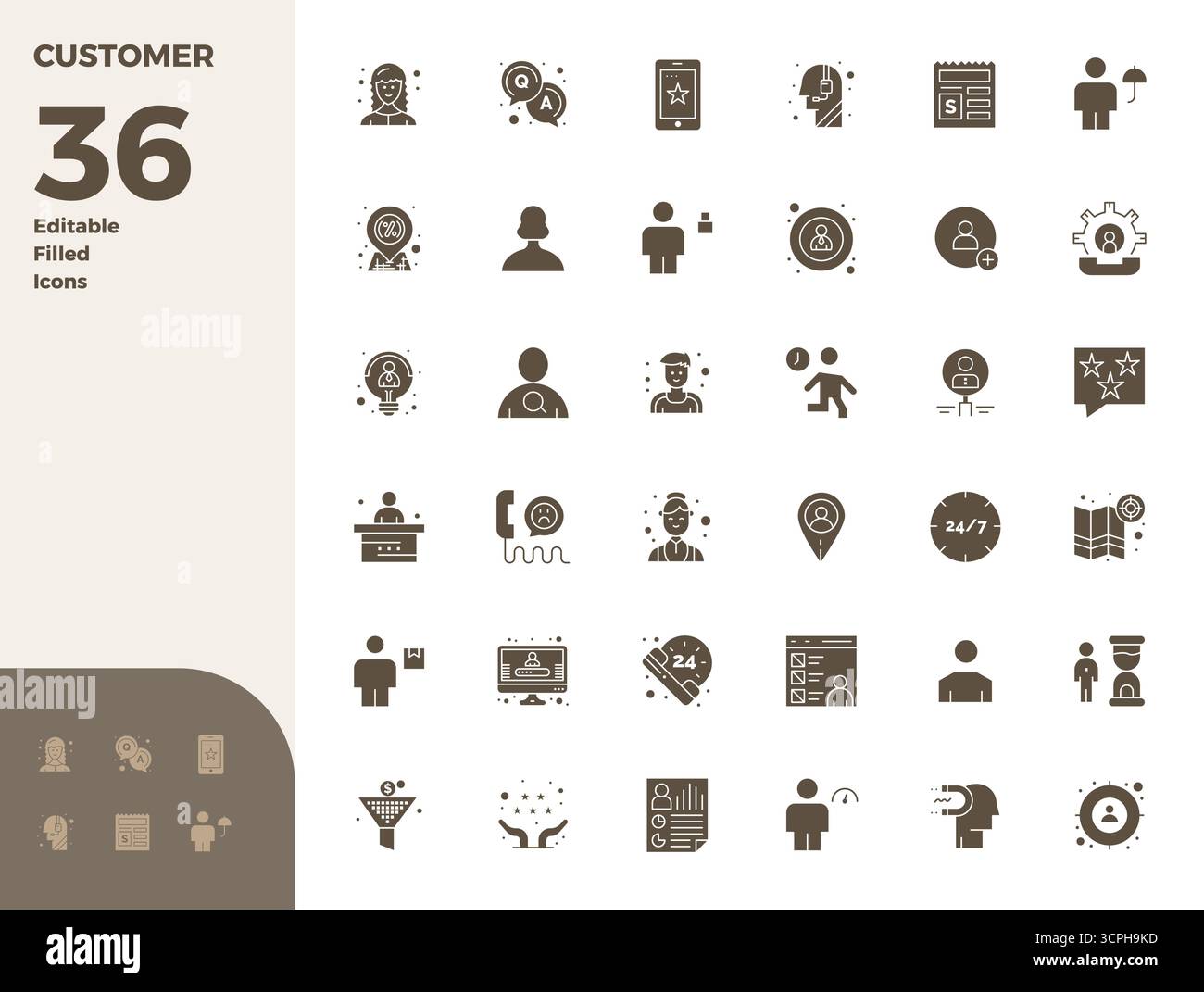 Pacchetto strategico con 36 icone vettoriali che rappresentano il cliente in formato riempito di glifo, ottimizzato con 128 x 128 PIXEL, qualità perfetta per i professionisti Illustrazione Vettoriale