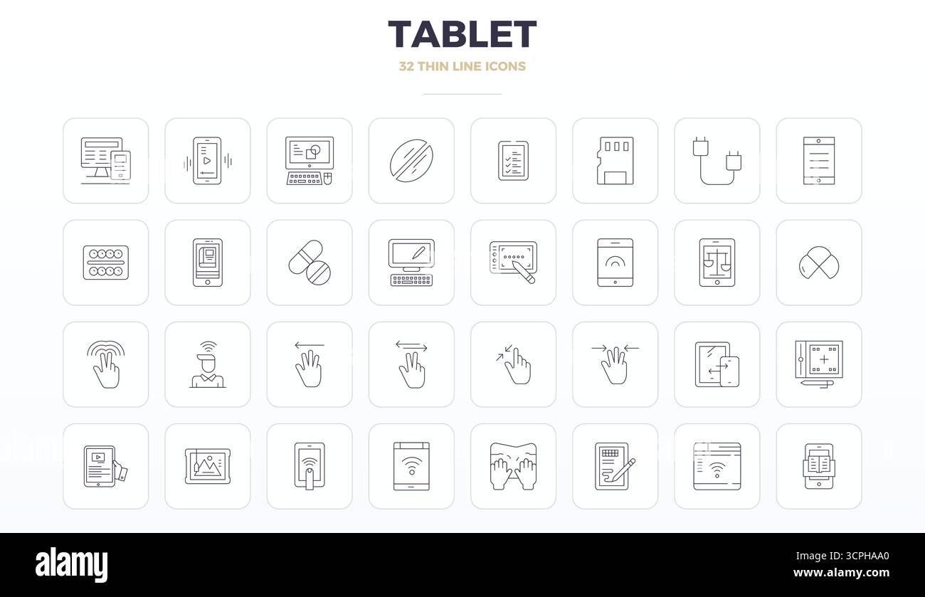Confezione curata di 32 icone vettoriali 128 x 128 nel design Thin Outline, incentrate sui concetti dei tablet con una nitidezza perfetta DEI PIXEL. Illustrazione Vettoriale