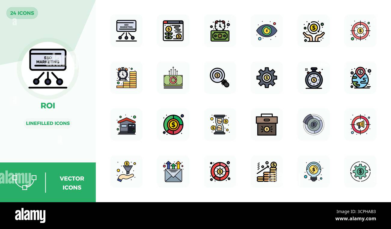 Raccolta avanzata di icone vettoriali perfette da 24 PIXEL ispirate alla ROI, realizzata in LineFilled con ottimizzazione 128x128 per prestazioni visive superiori. Illustrazione Vettoriale