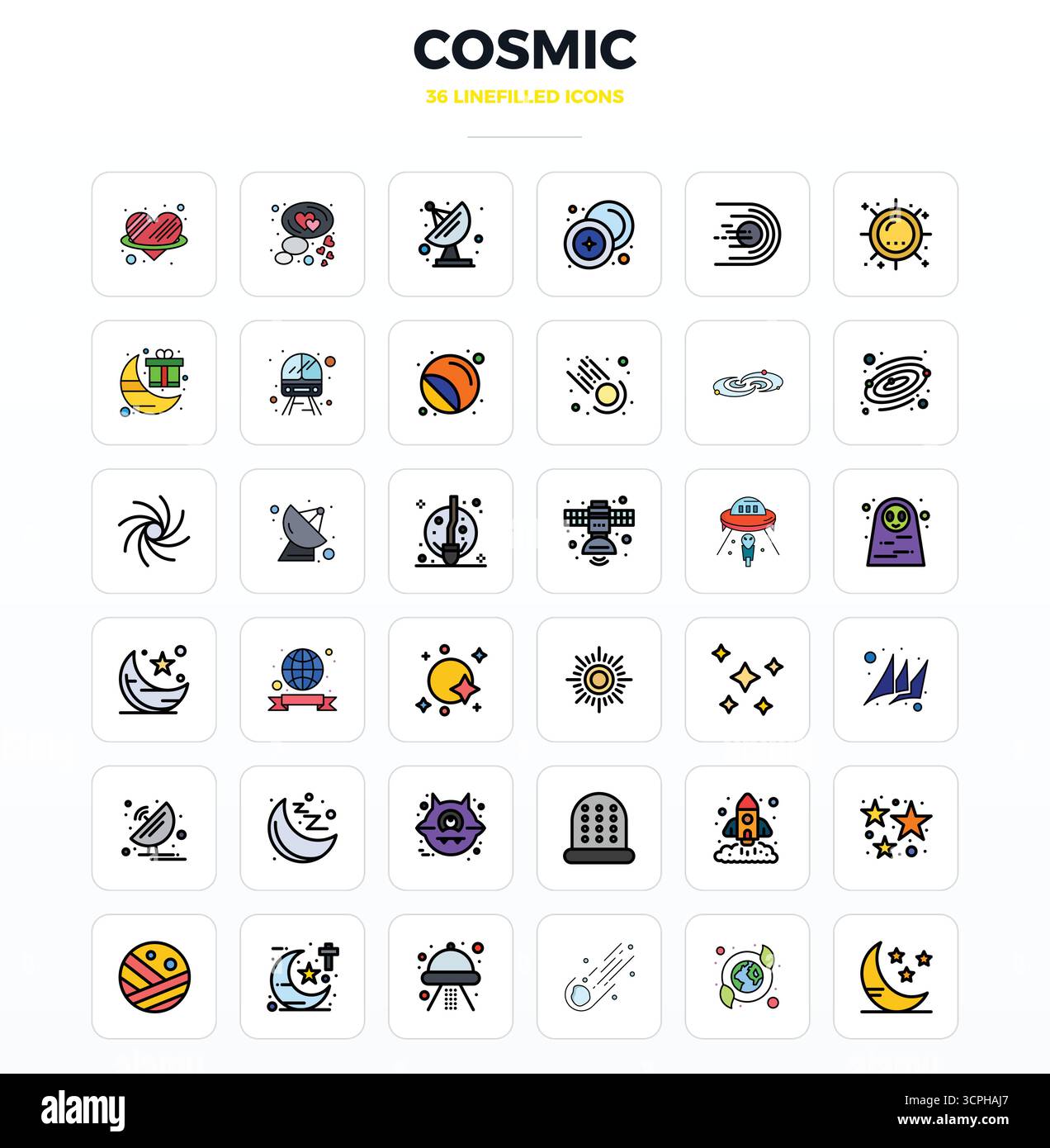 36 icone vettoriali create in modo magistrale che rappresentano il design Cosmic in LineFill, con risoluzione perfetta di 128 x 128 PIXEL per una qualità visiva eccezionale. Illustrazione Vettoriale