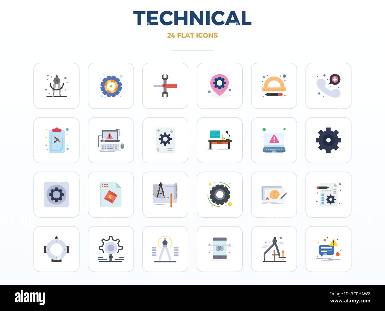 Confezione esclusiva di icone vettoriali perfette da 24 PIXEL ispirate a Technical, realizzate in formato minimal Flat da 128 x 128 per un'esperienza del marchio memorabile. Illustrazione Vettoriale