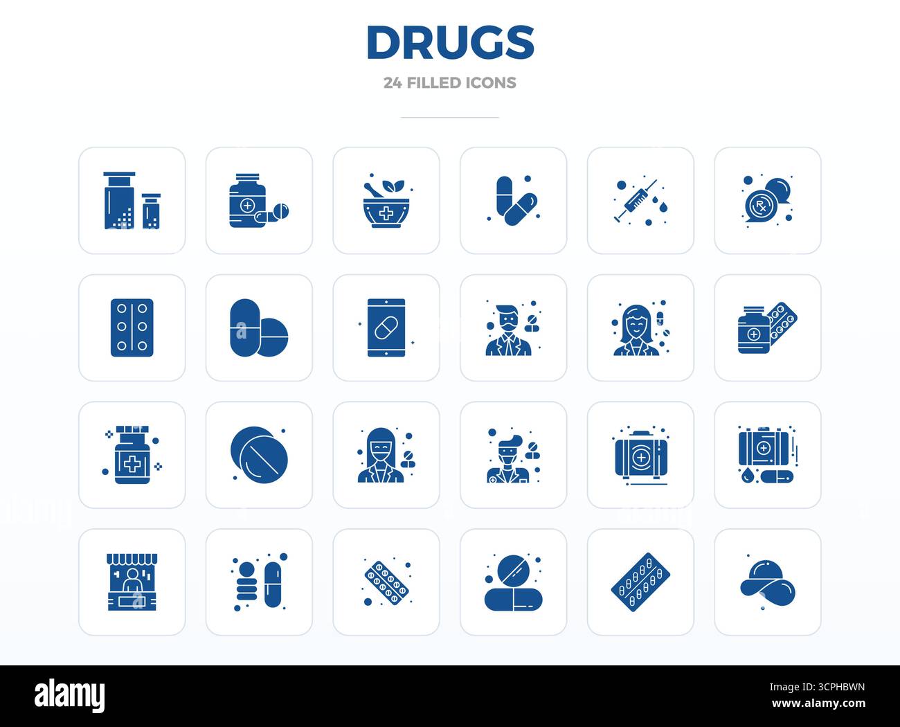 Collezione contemporanea di 24 icone vettoriali che rappresentano farmaci nell'estetica SolidFill, con risoluzione perfetta di 128x128 PIXEL per applicazioni moderne Illustrazione Vettoriale