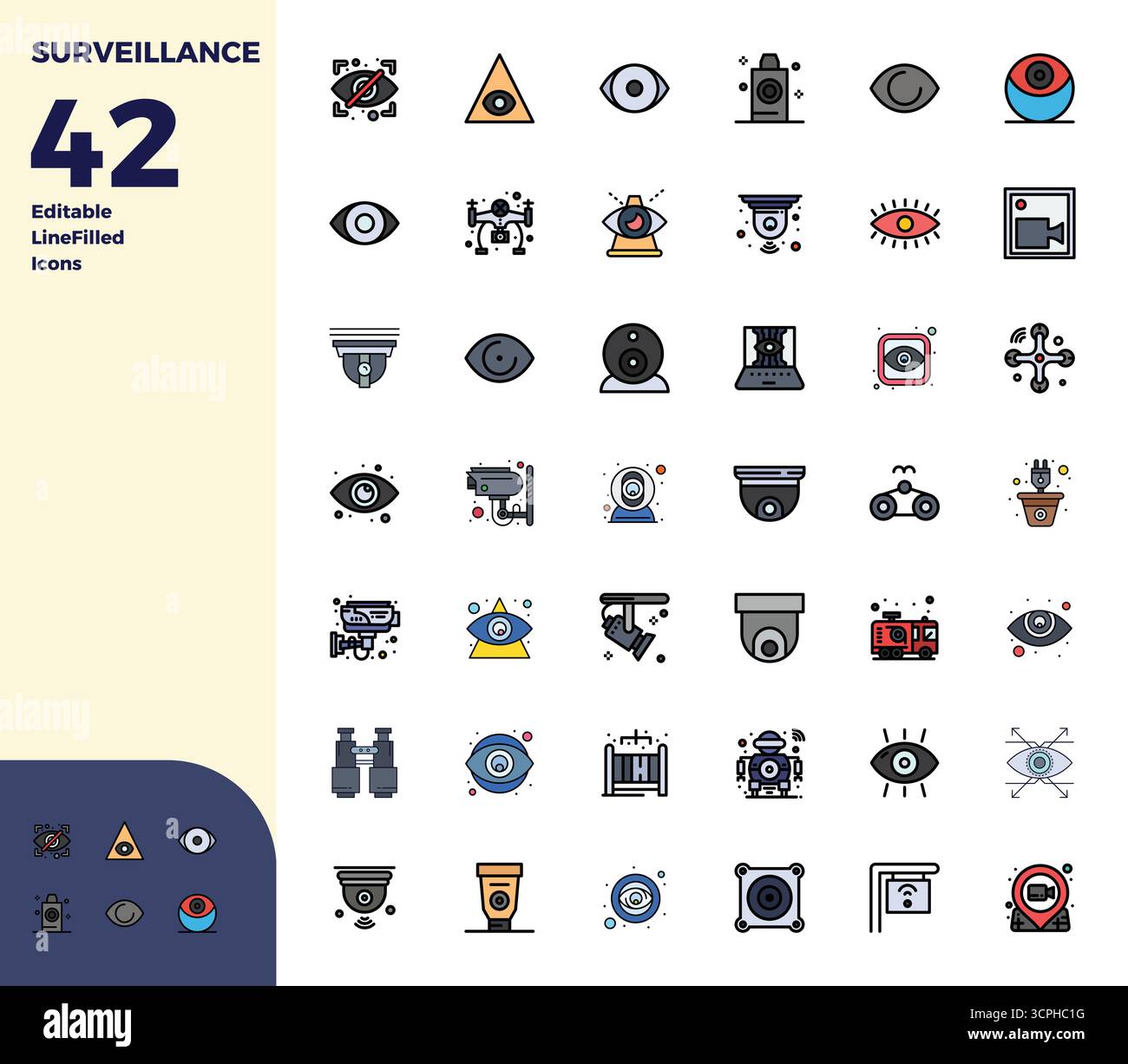 Raccolta di 42 icone vettoriali che rappresentano la sorveglianza in un'estetica Duotone, ottimizzata con risoluzione perfetta di 128x128 PIXEL per la massima imp Illustrazione Vettoriale