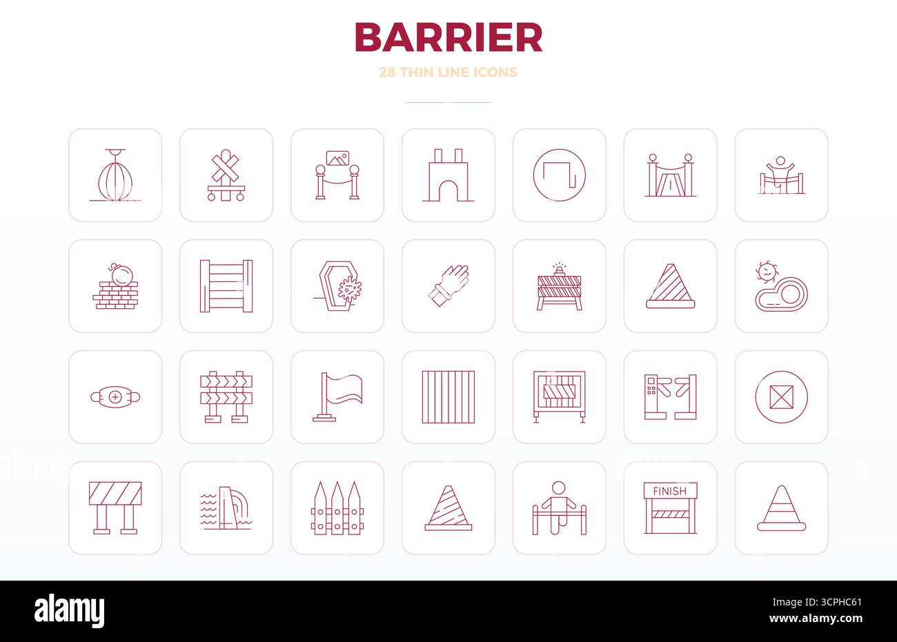 Icone vettoriali perfette da 28 PIXEL progettate in modo intelligente ispirate a Barrier, create in formato Thin Outline a 128x128 per un design intelligente ed efficiente Illustrazione Vettoriale