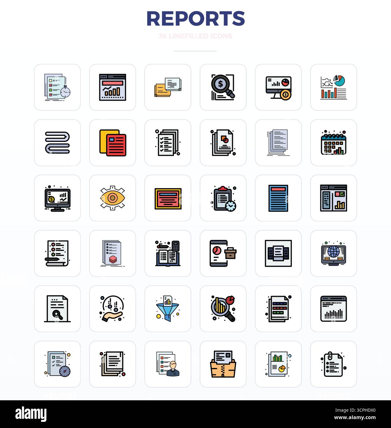 Pacchetto strategico con 36 icone vettoriali che rappresentano i report in formato LineFill, ottimizzato con 128 x 128 PIXEL, qualità perfetta per il lavoro professionale Illustrazione Vettoriale