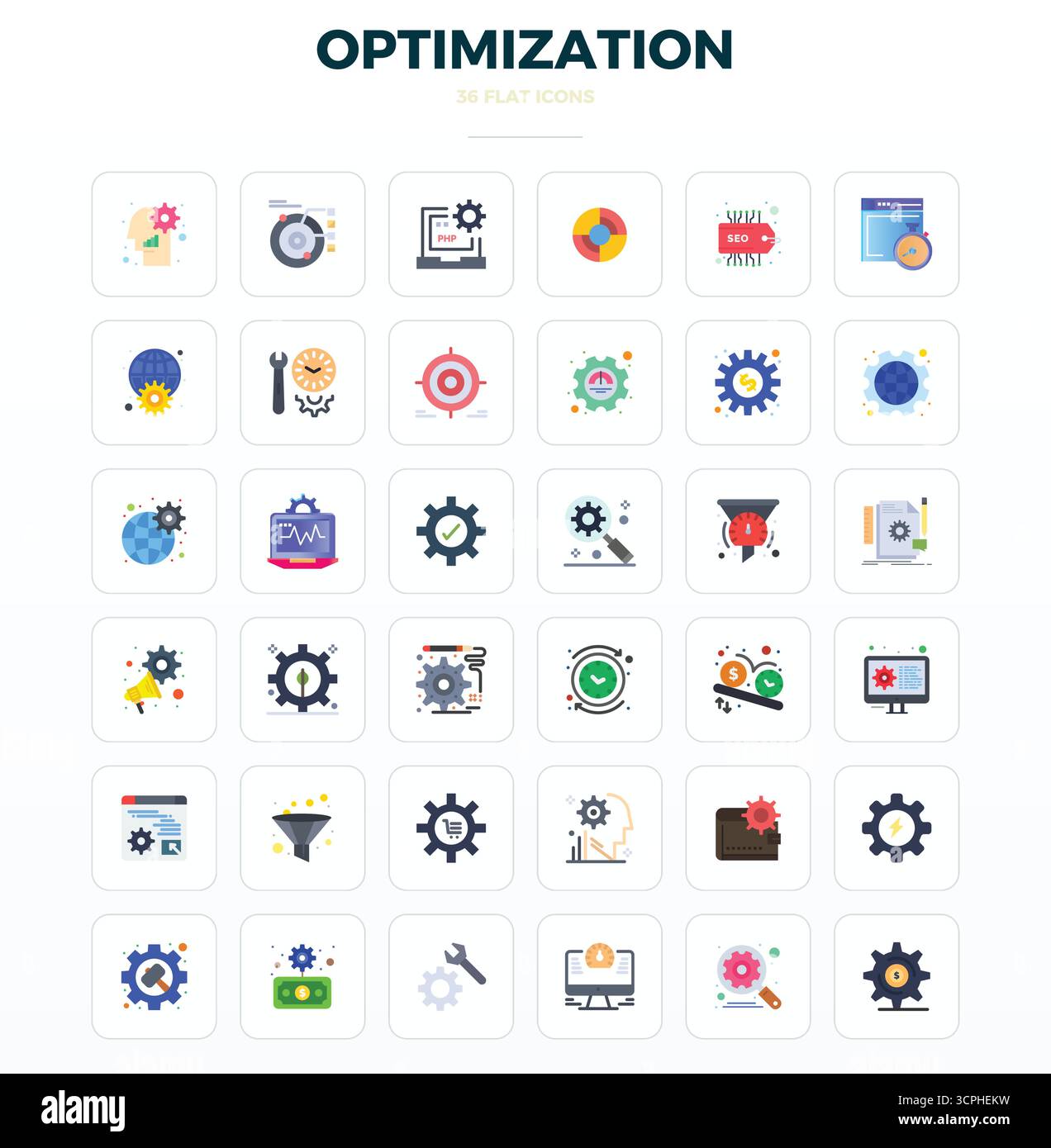 36 icone vettoriali minime piatte accuratamente curate per l'ottimizzazione, con risoluzione perfetta di 128 x 128 PIXEL per una rappresentazione coerente del marchio e di noi Illustrazione Vettoriale