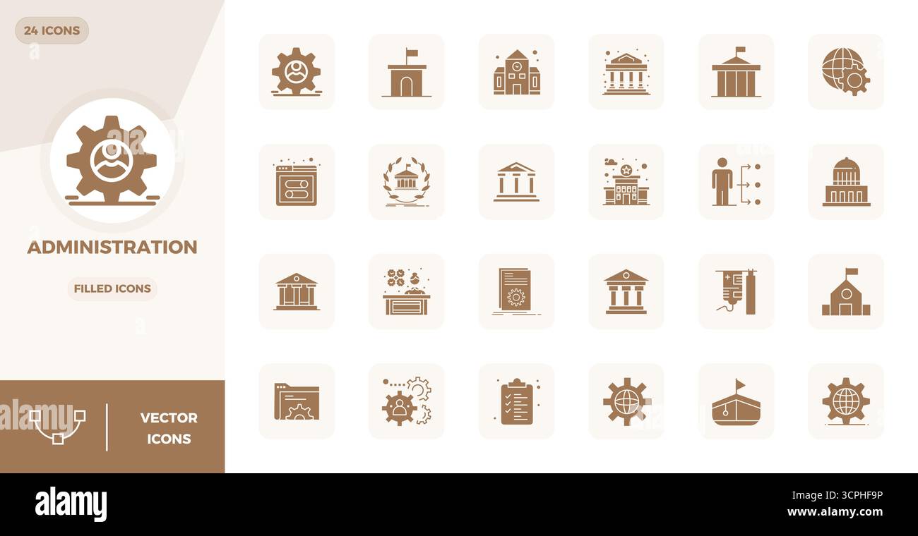 Scopri un set di 24 icone vettoriali piene create per il tema Amministrazione, con design perfetti da 128x128 PIXEL, ideali per i moderni progetti UI/UX Illustrazione Vettoriale
