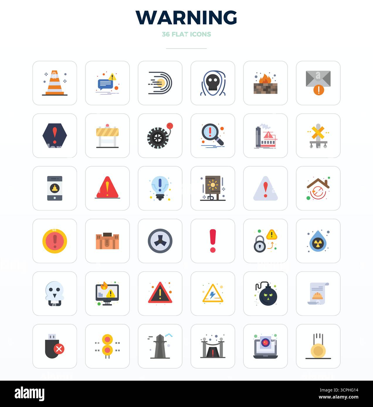 36 icone vettoriali progettate con cura intorno a Warning, realizzate in Minimal Flat con 128 x 128 PIXEL, precisione perfetta per le esigenze di design contemporaneo Illustrazione Vettoriale