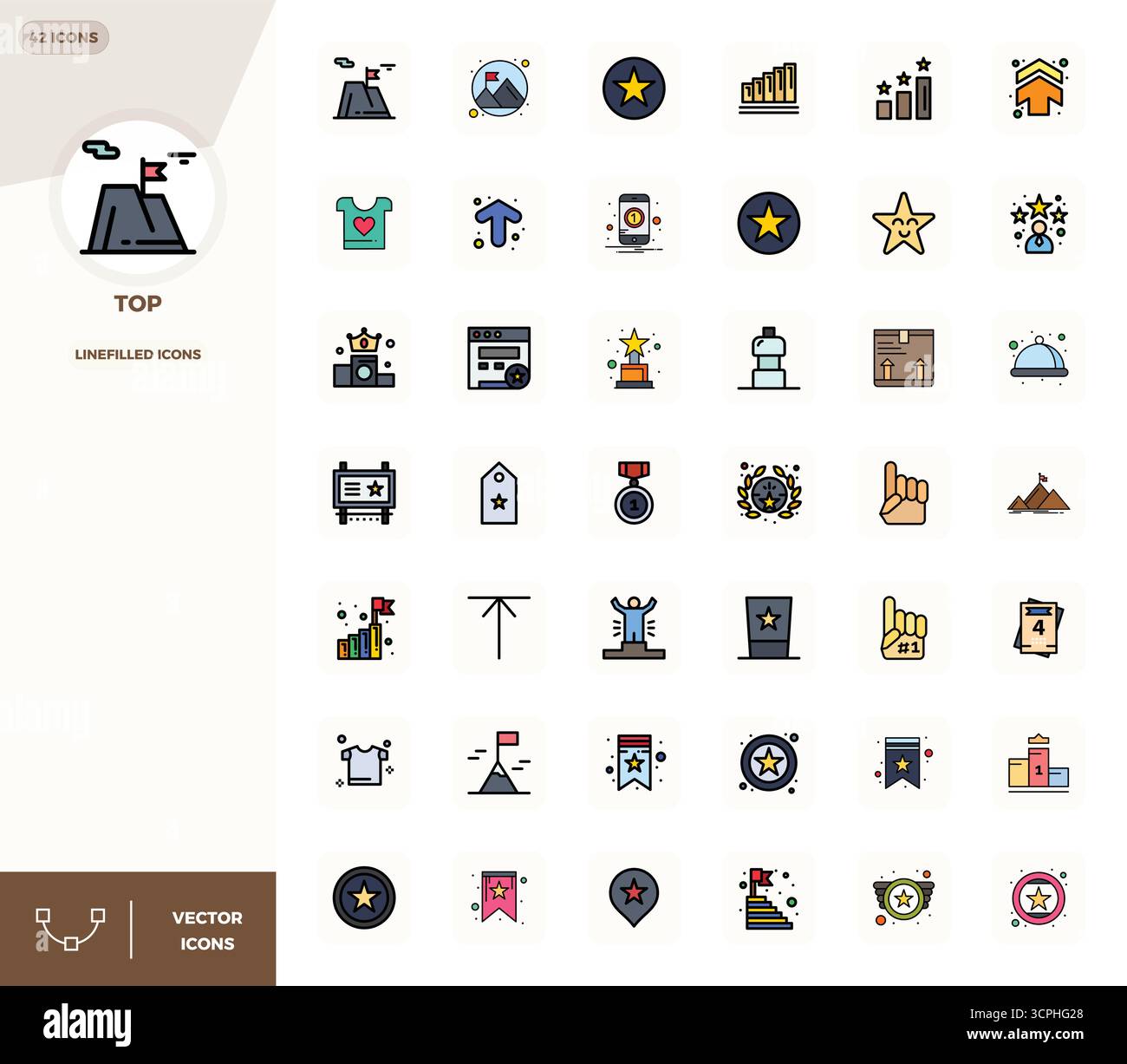 Esplora le 42 icone vettoriali perfette PIXEL rifilate con risoluzione 128x128 ispirate a Top. Perfetto per interfacce Web e app. Illustrazione Vettoriale