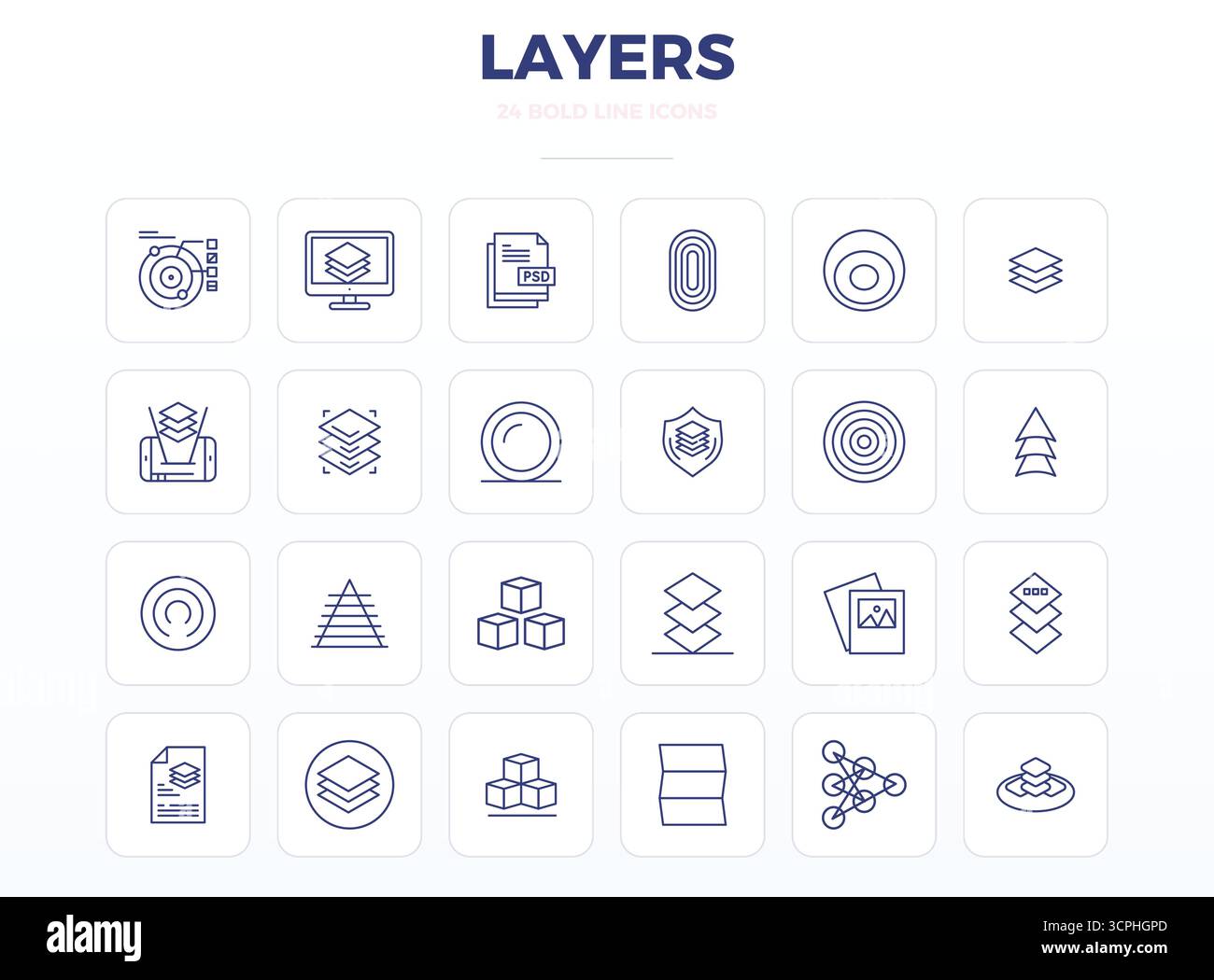 Questo set di 24 icone vettoriali strong Outline cattura i temi dei livelli con una qualità perfetta di 128 x 128 PIXEL, perfetta per applicazioni tecnologiche e aziendali. Illustrazione Vettoriale
