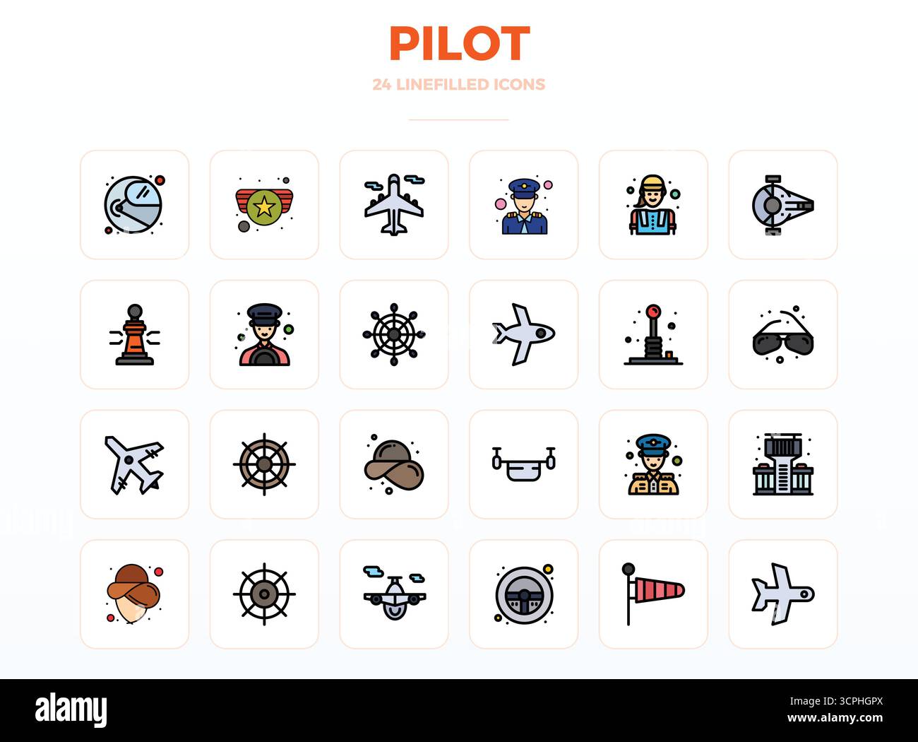 Pacchetto strategico con 24 icone vettoriali che rappresentano il programma pilota in formato LineFill, ottimizzato con 128x128 PIXEL qualità perfetta per il lavoro professionale Illustrazione Vettoriale