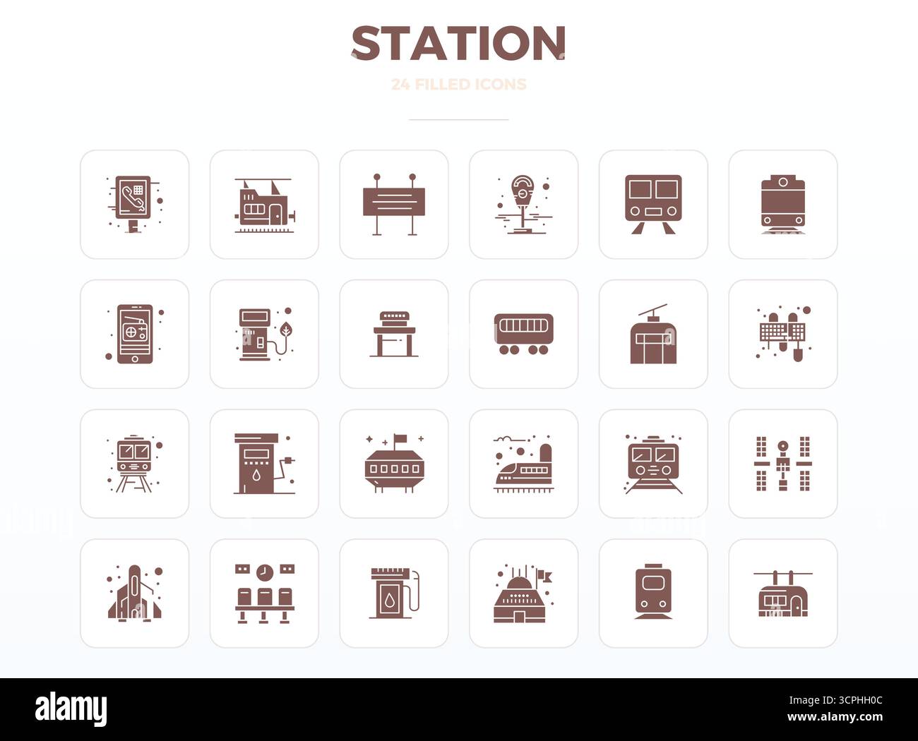 Pacchetto di 24 icone vettoriali a tema Station pronto per il futuro, che presenta il design SolidFill con una nitidezza perfetta di 128x128 PIXEL per l'utente innovativo interfa Illustrazione Vettoriale