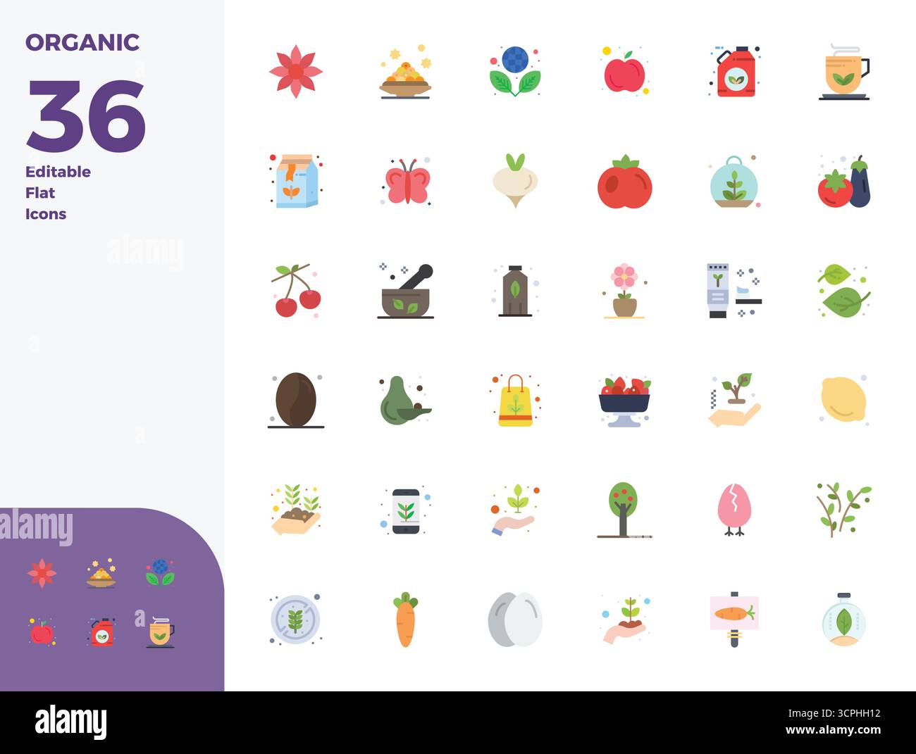 Una raccolta pulita di 36 icone vettoriali piatte che rappresentano Organic, progettate in formato da 128x128 PIXEL perfetto per dashboard e interfacce moderne. Illustrazione Vettoriale