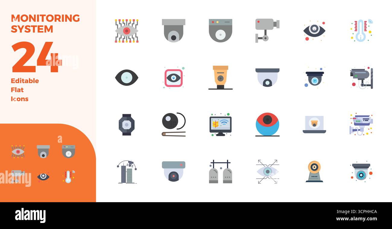 Un set versatile di 24 icone vettoriali Flat PIXEL Perfect incentrate sul sistema di monitoraggio, in formato 128x128 nitido, ideale per applicazioni mobili e Web Illustrazione Vettoriale