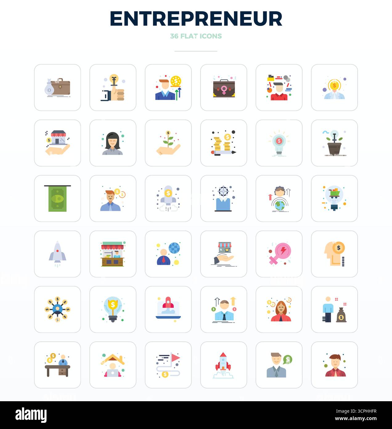 Confezione essenziale di icone vettoriali perfette da 36 PIXEL per imprenditori in formato minimale Flat, con dimensioni 128x128 per prestazioni e scalabilità ottimali. Illustrazione Vettoriale