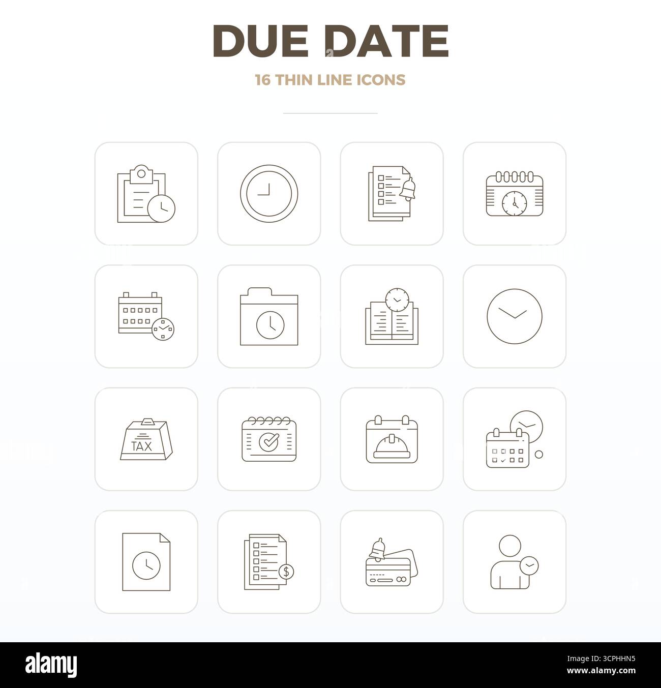 Questa collezione presenta 16 icone vettoriali Thin Outline PIXEL Perfect adattate al tema della data di scadenza, ottimizzate nel formato 128x128 per il design digitale. Illustrazione Vettoriale