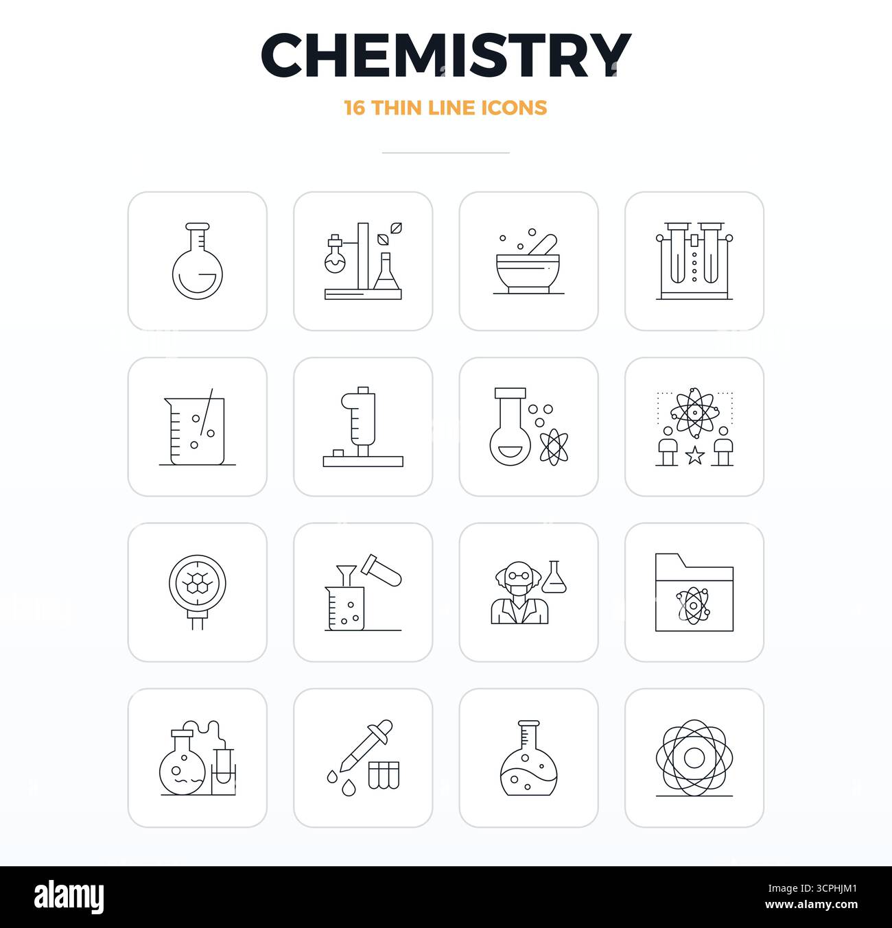 Questo pacchetto di icone vettoriali Chemistry include 16 design sottili in formato da 128 x 128 PIXEL, perfetto per migliorare le interfacce digitali. Illustrazione Vettoriale