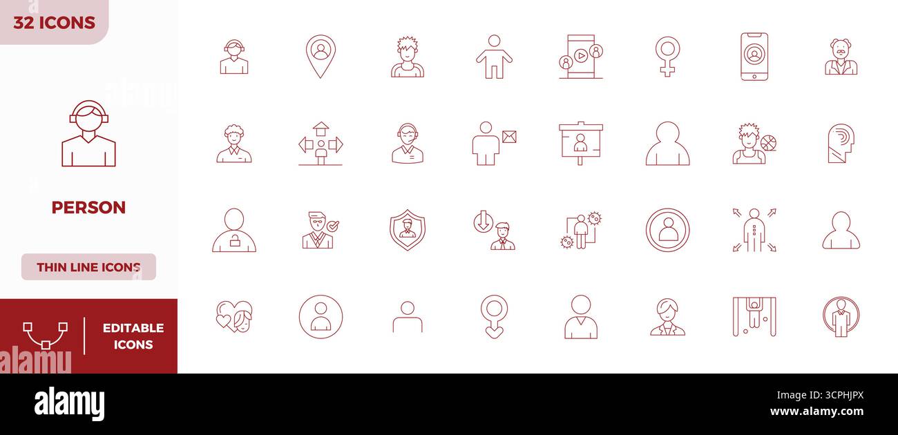 Sofisticato pacchetto di 32 icone vettoriali Minimal Line per la persona, progettato con 128x128 PIXEL DI nitidezza perfetta per applicazioni professionali. Illustrazione Vettoriale