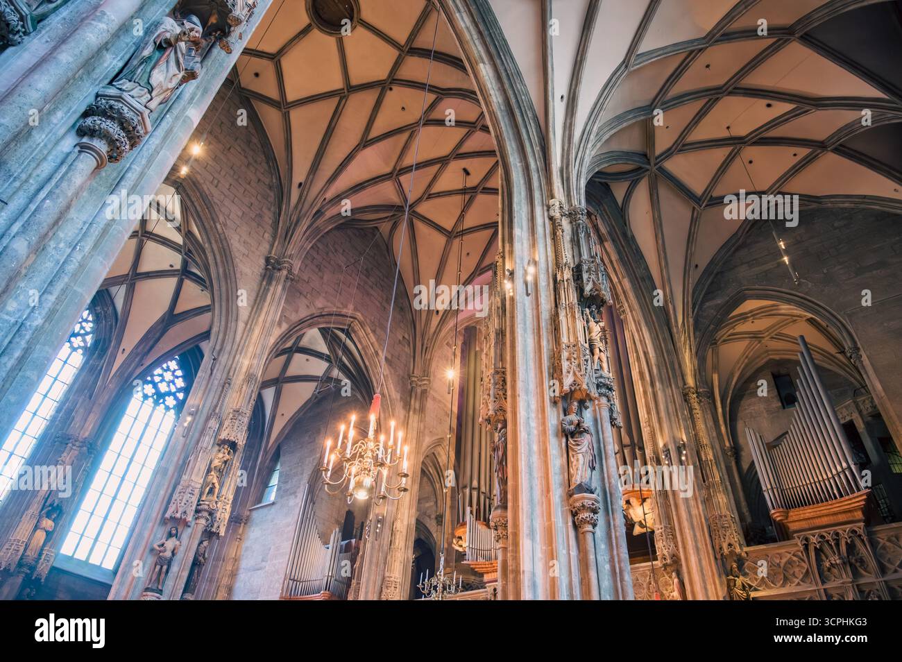 Vienna, Austria - 4 giugno 2022: L'interno della cattedrale di Santo Stefano presenta intricati dettagli gotici evidenziati da una luce calda che illumina carv Foto Stock